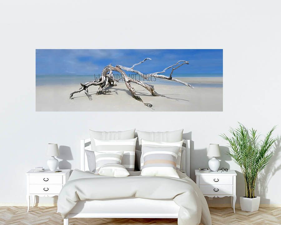 A panoramic shot of a bleached, sculptural driftwood tree lying in shallow turquoise water at Whitehaven Beach.
