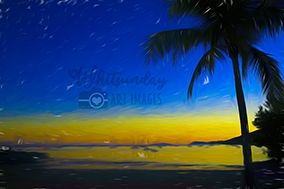 Silhouetted palm trees against a deep blue and gold sunset sky over calm water.