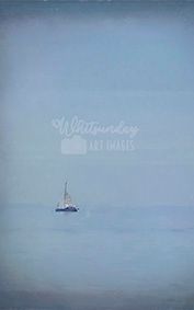 A small yacht sailing alone on calm, hazy blue water, rendered in a soft painterly style.