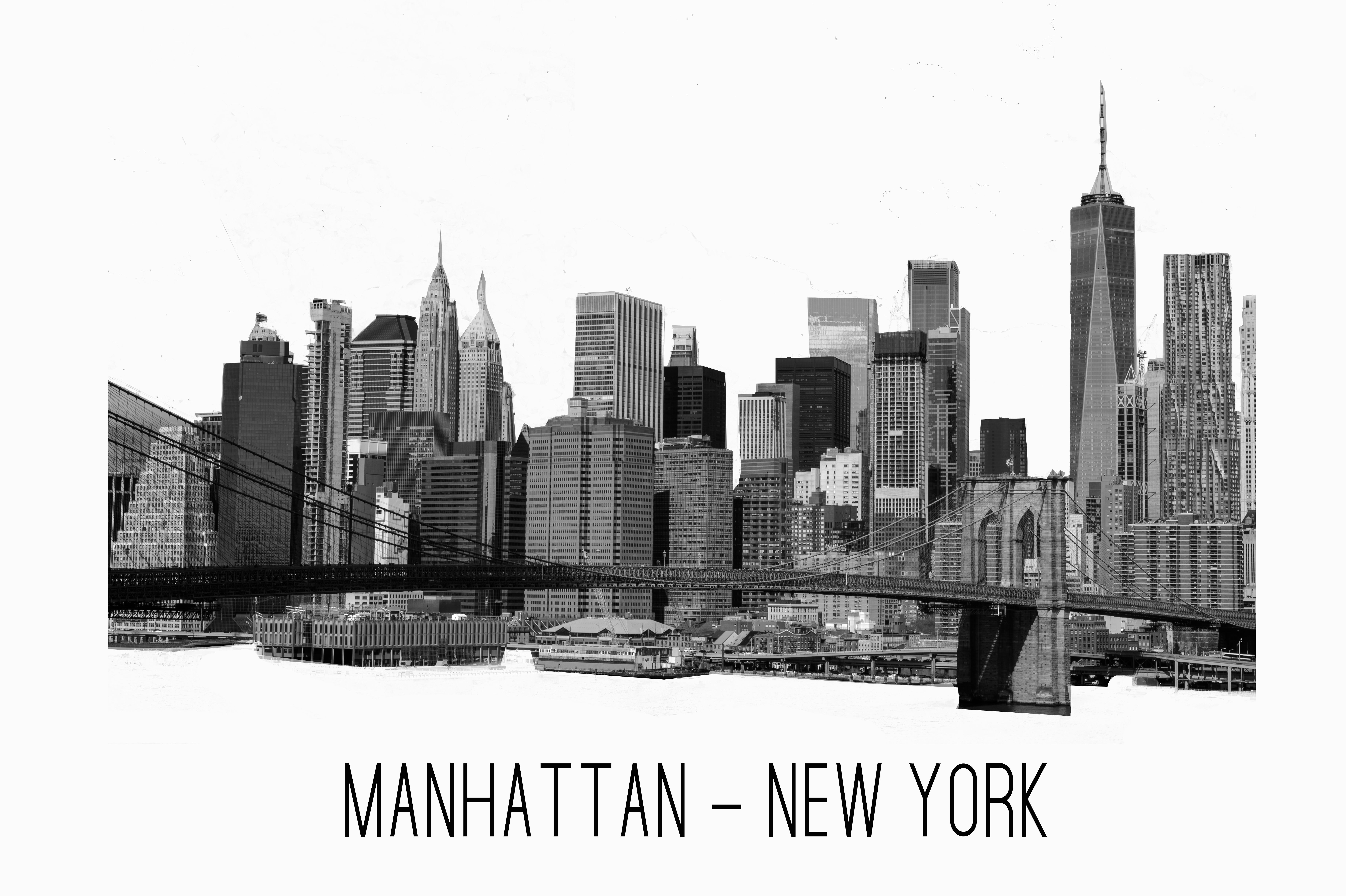 Black-and-white skyline of Lower Manhattan with the Brooklyn Bridge in the foreground.