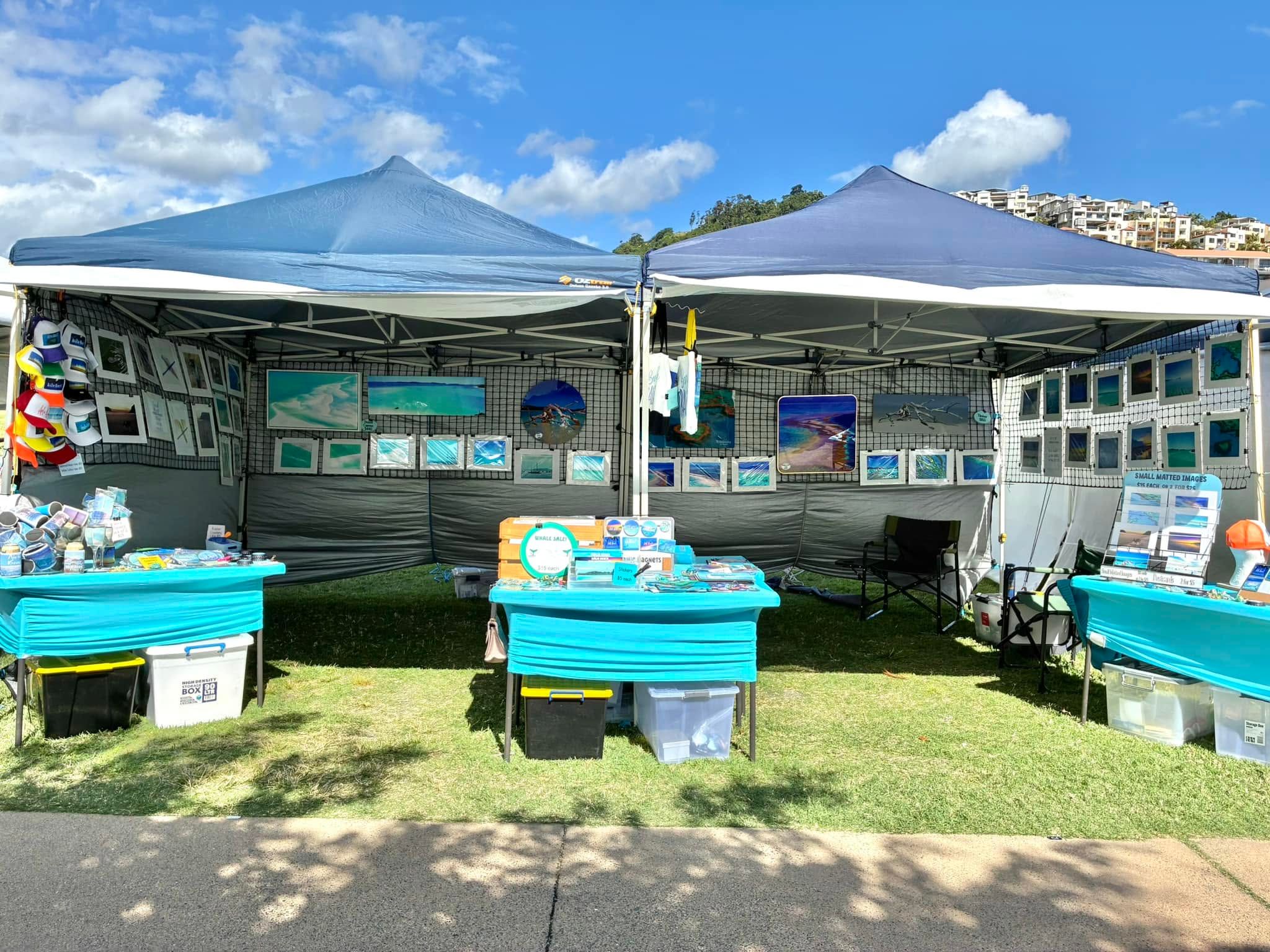 Annette and Jeff's print stall set up at the Airlie Beach foreshore markets, with framed and canvas prints on display.